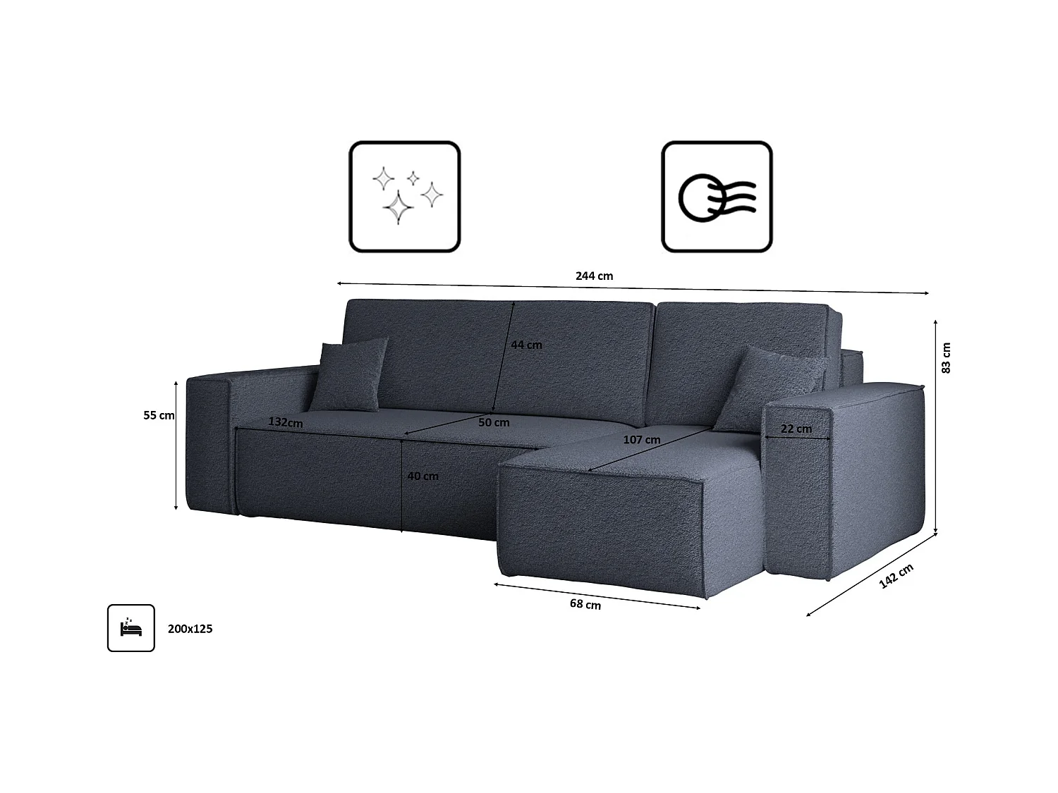 Ecksofa mit schlaffunktion und bettkasten, Ecksofa L-Form, Eckcouch L-Form BEST stoff Abriamo Dunkelblau Rechts