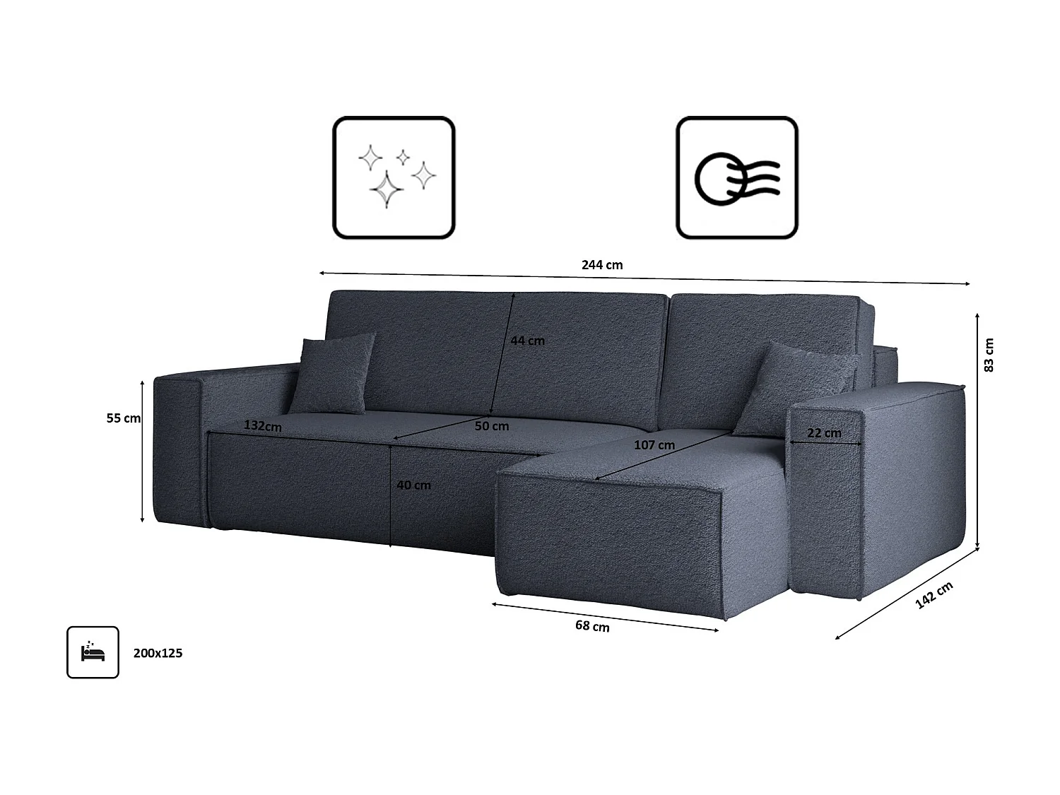 Ecksofa mit schlaffunktion und bettkasten, Ecksofa L-Form, Eckcouch L-Form BEST stoff Abriamo Dunkelblau Rechts