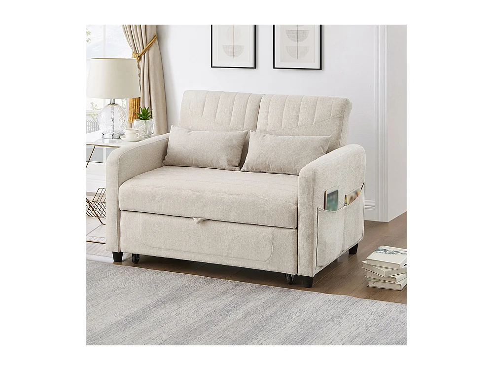 Tweepersoons slaapbank uitschuifbaar modern design rugleuning in 3 standen verstelbaar ademende katoen en linnen stof beige