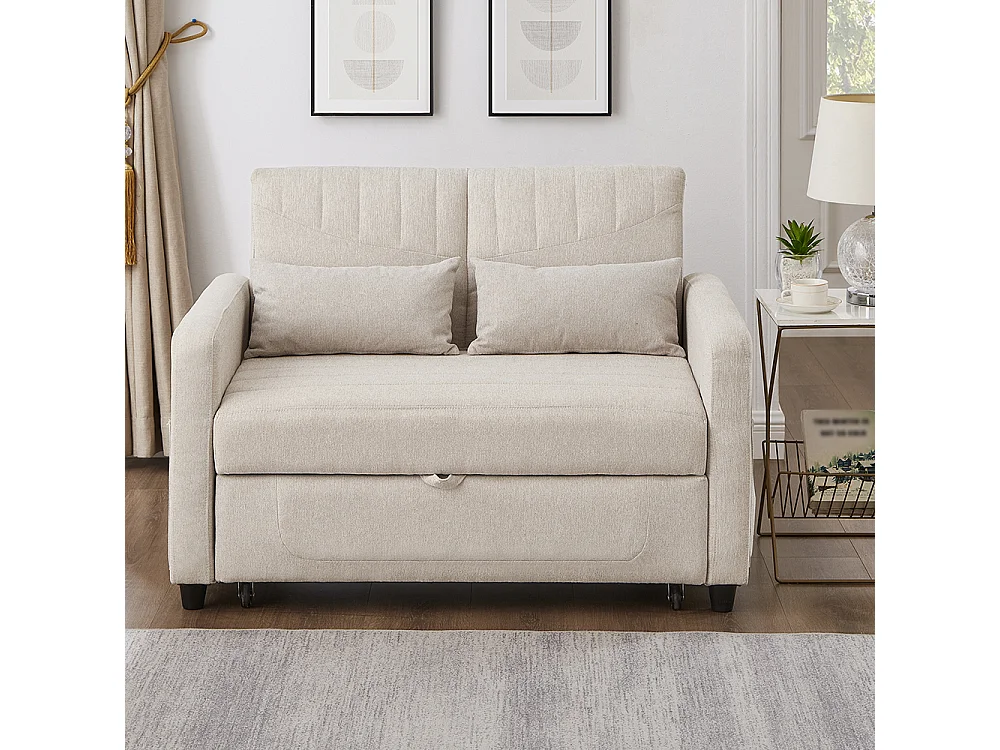 Tweepersoons slaapbank uitschuifbaar modern design rugleuning in 3 standen verstelbaar ademende katoen en linnen stof beige