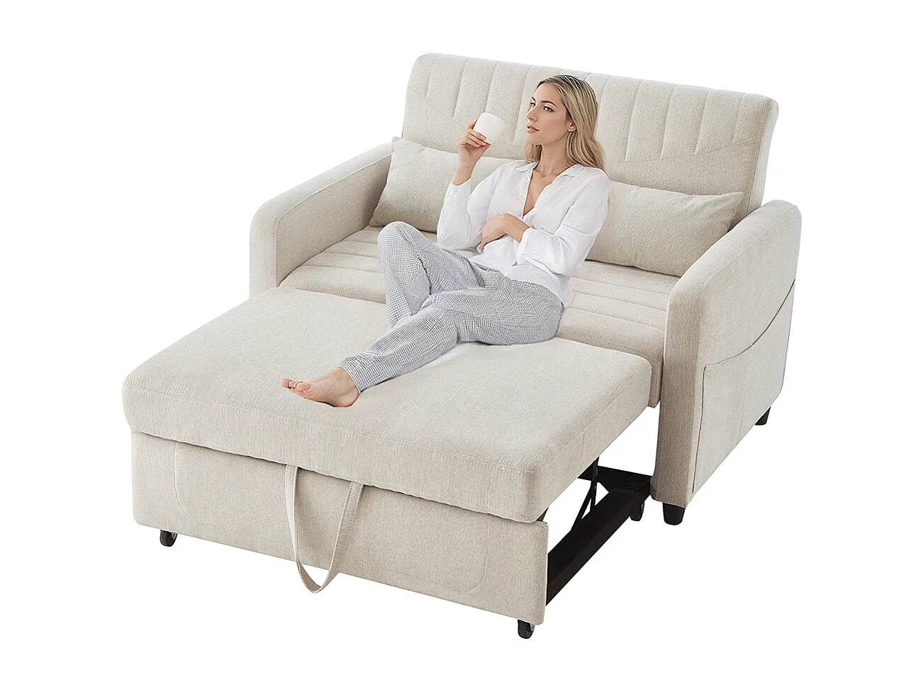 Tweepersoons slaapbank uitschuifbaar modern design rugleuning in 3 standen verstelbaar ademende katoen en linnen stof beige