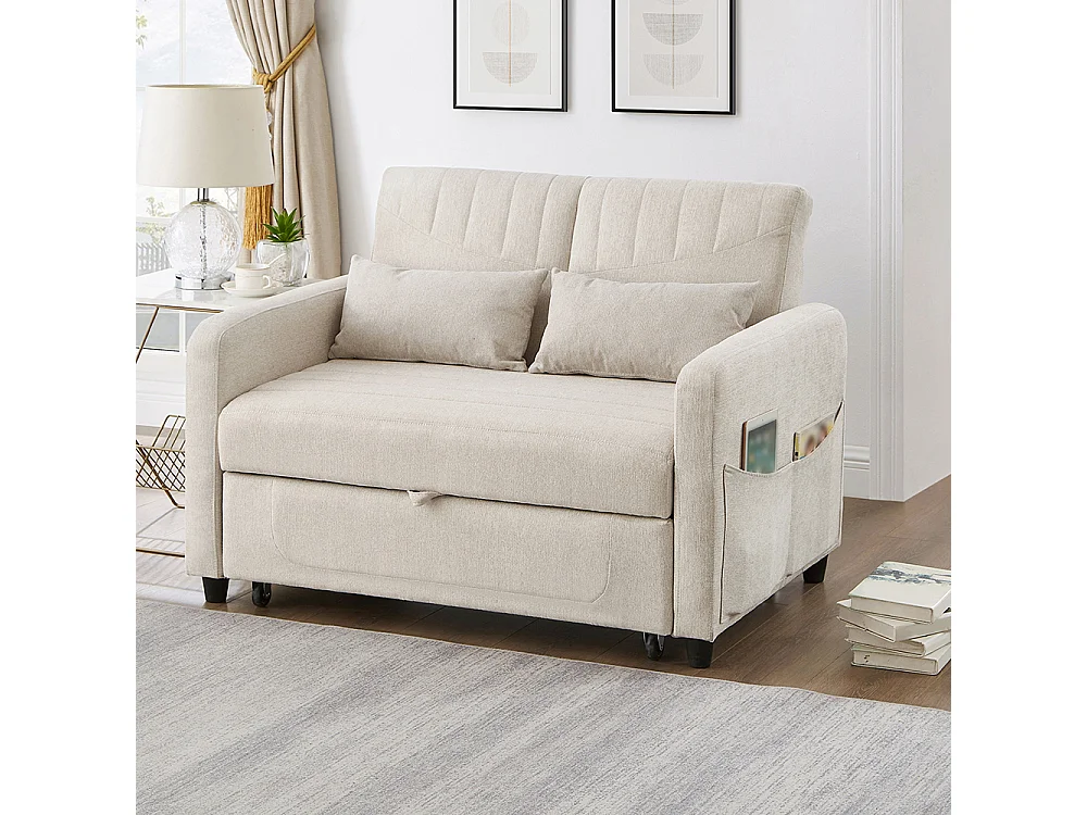 Canapé convertible deux places design extensible style moderne dossier réglable 3 positions tissu coton et lin respirant beige