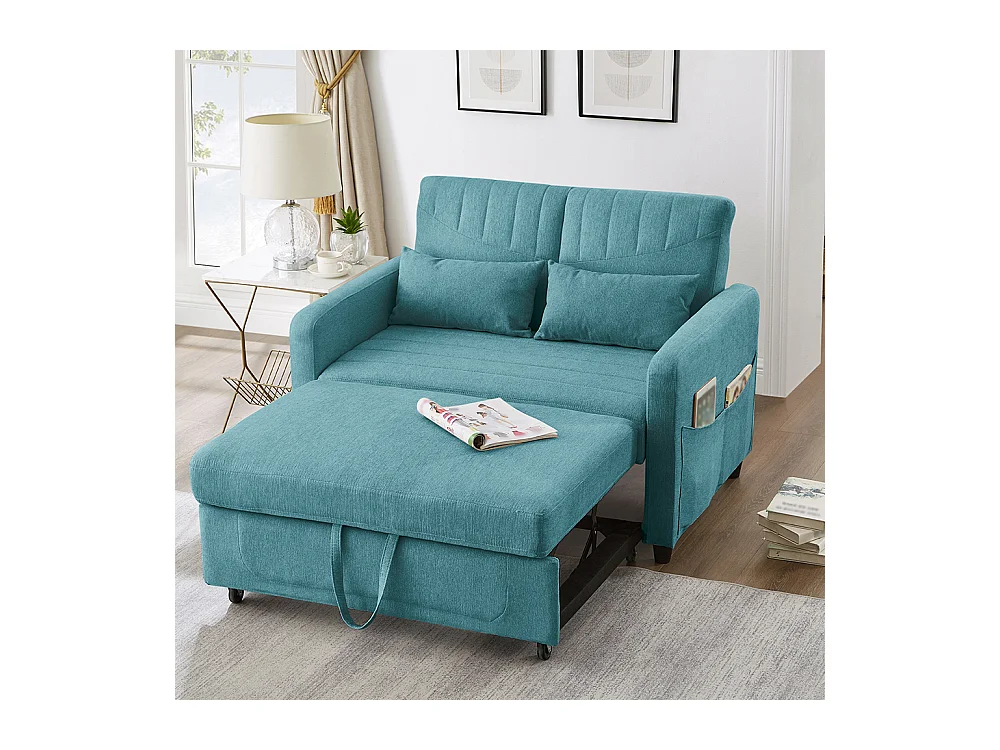 Canapé convertible deux places design extensible style moderne dossier réglable 3 positions tissu coton et lin respirant bleu vert antique