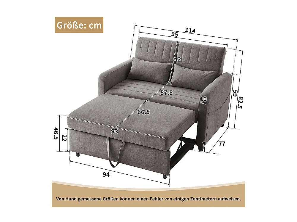 Moderne uitschuifbare tweezitsbank verstelbare rugleuning in 3 standen ademende katoen- en linnenstof grijs