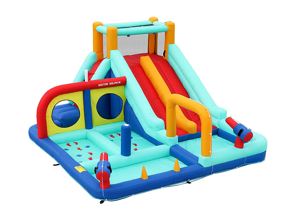 Château gonflable extérieur parc aquatique toboggan double mur escalade pistolet eau fontaine poteaux boxe bleu