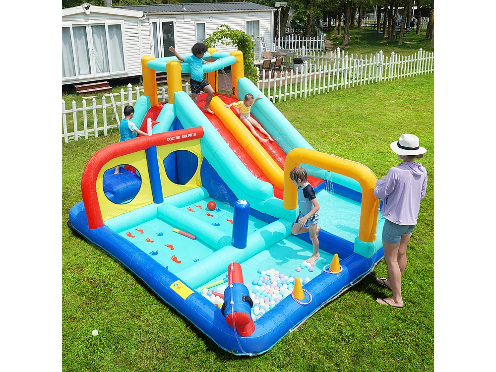 Château gonflable extérieur parc aquatique toboggan double mur escalade pistolet eau fontaine poteaux boxe bleu