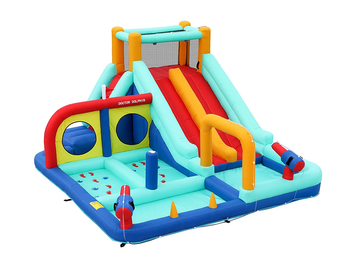 Château gonflable extérieur parc aquatique toboggan double mur escalade pistolet eau fontaine poteaux boxe bleu