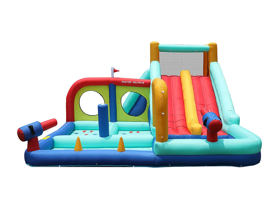 Château gonflable extérieur parc aquatique toboggan double mur escalade pistolet eau fontaine poteaux boxe bleu