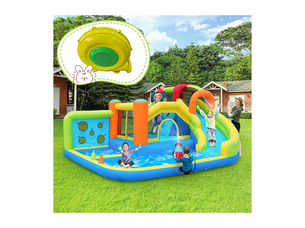 Château gonflable parc aquatique enfants toboggan trampoline mur lancer escalade panier basket soufflerie 450W bleu