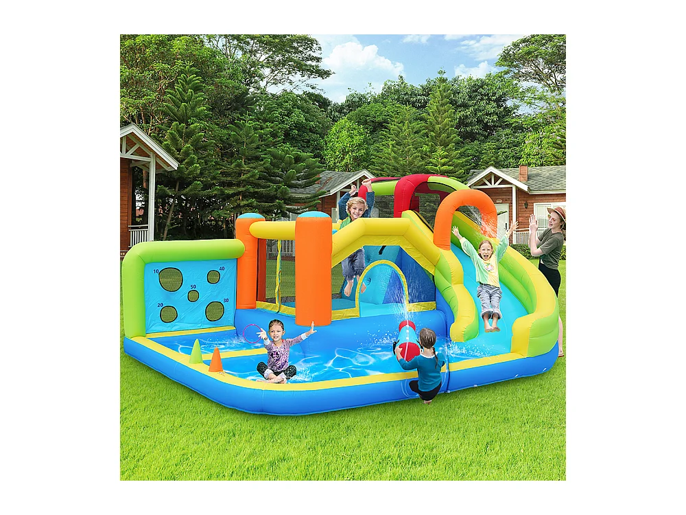 Château gonflable parc aquatique enfants toboggan trampoline mur lancer escalade panier basket soufflerie 450W bleu