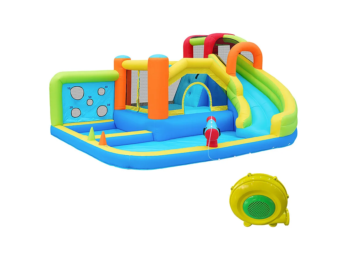 Château gonflable parc aquatique enfants toboggan trampoline mur lancer escalade panier basket soufflerie 450W bleu
