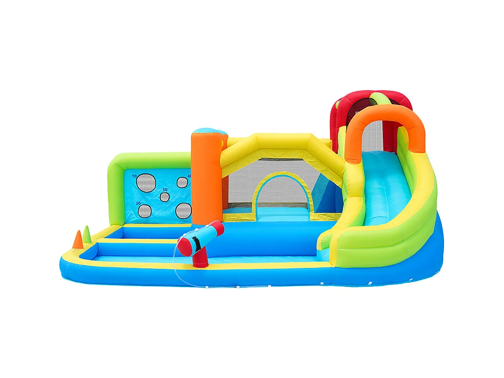 Château gonflable parc aquatique enfants toboggan trampoline mur lancer escalade panier basket soufflerie 450W bleu