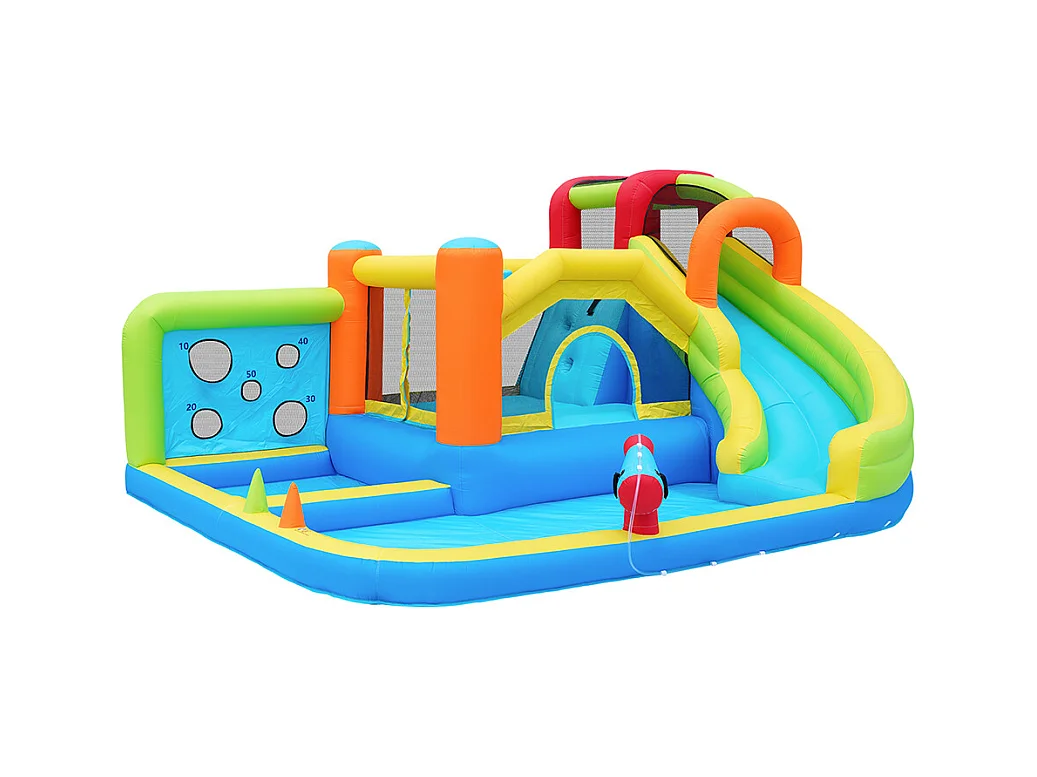 Château gonflable parc aquatique enfants toboggan trampoline mur lancer escalade panier basket soufflerie 450W bleu