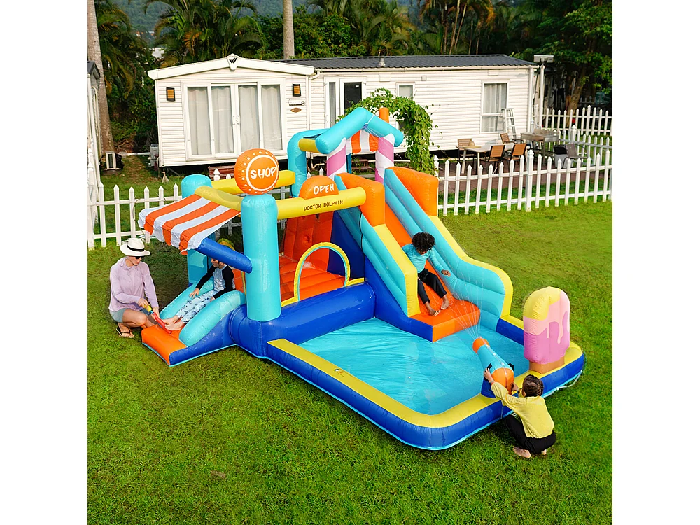 Château gonflable parc aquatique extérieur toboggan trampoline fontaine pistolets eau soufflerie 450W bleu