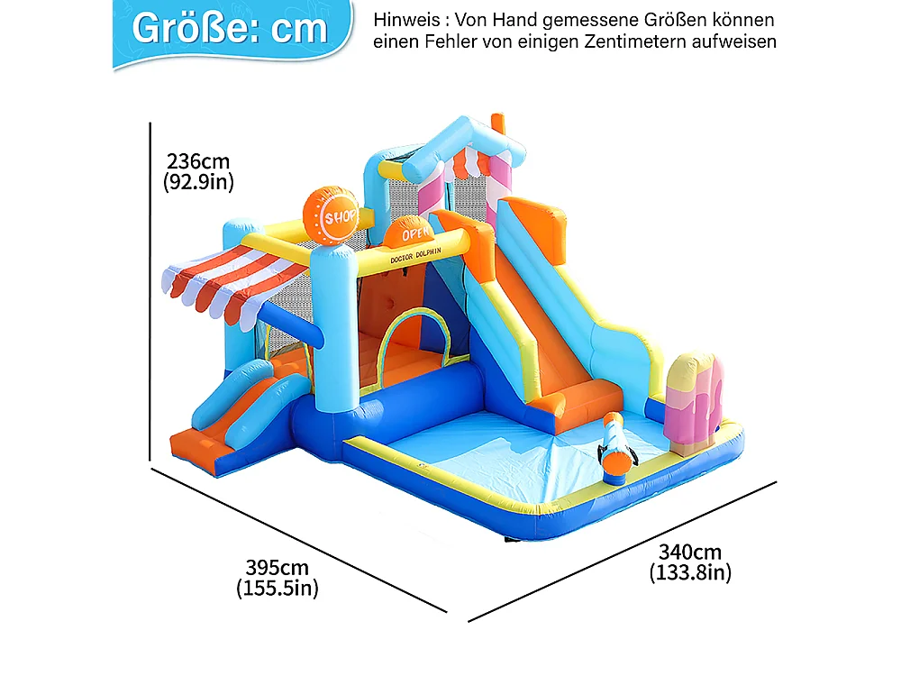 Château gonflable parc aquatique extérieur toboggan trampoline fontaine pistolets eau soufflerie 450W bleu