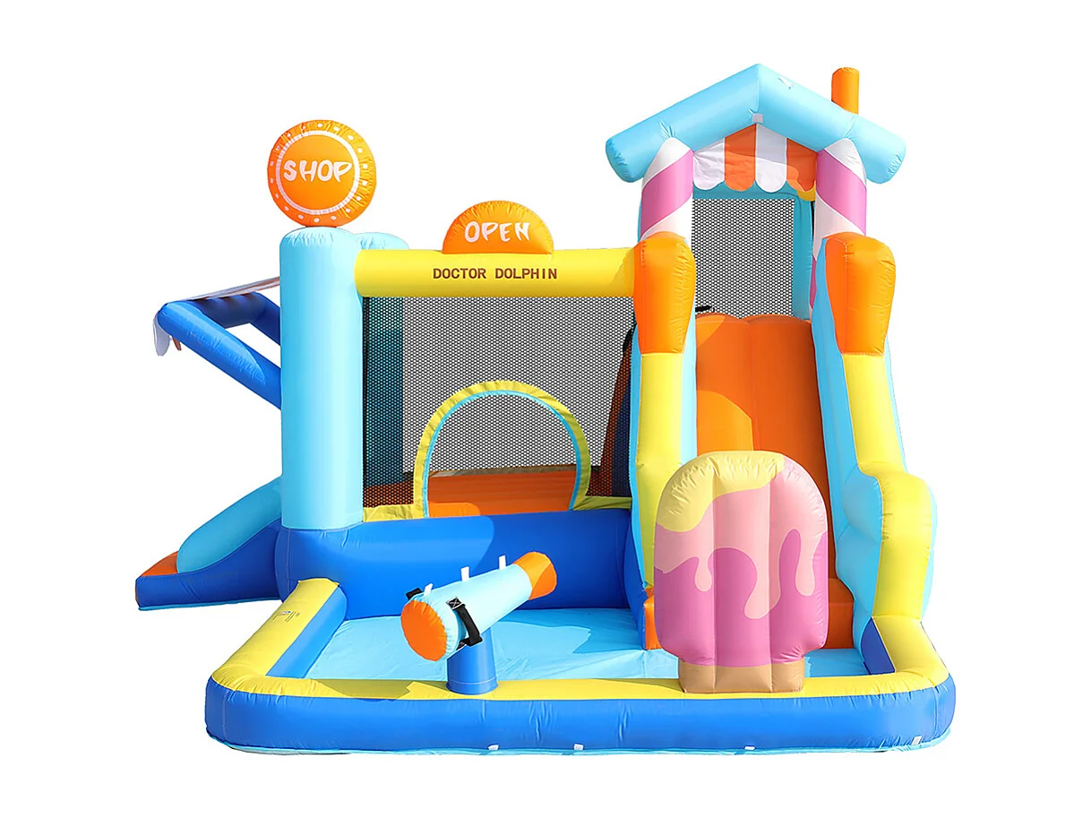 Château gonflable parc aquatique extérieur toboggan trampoline fontaine pistolets eau soufflerie 450W bleu