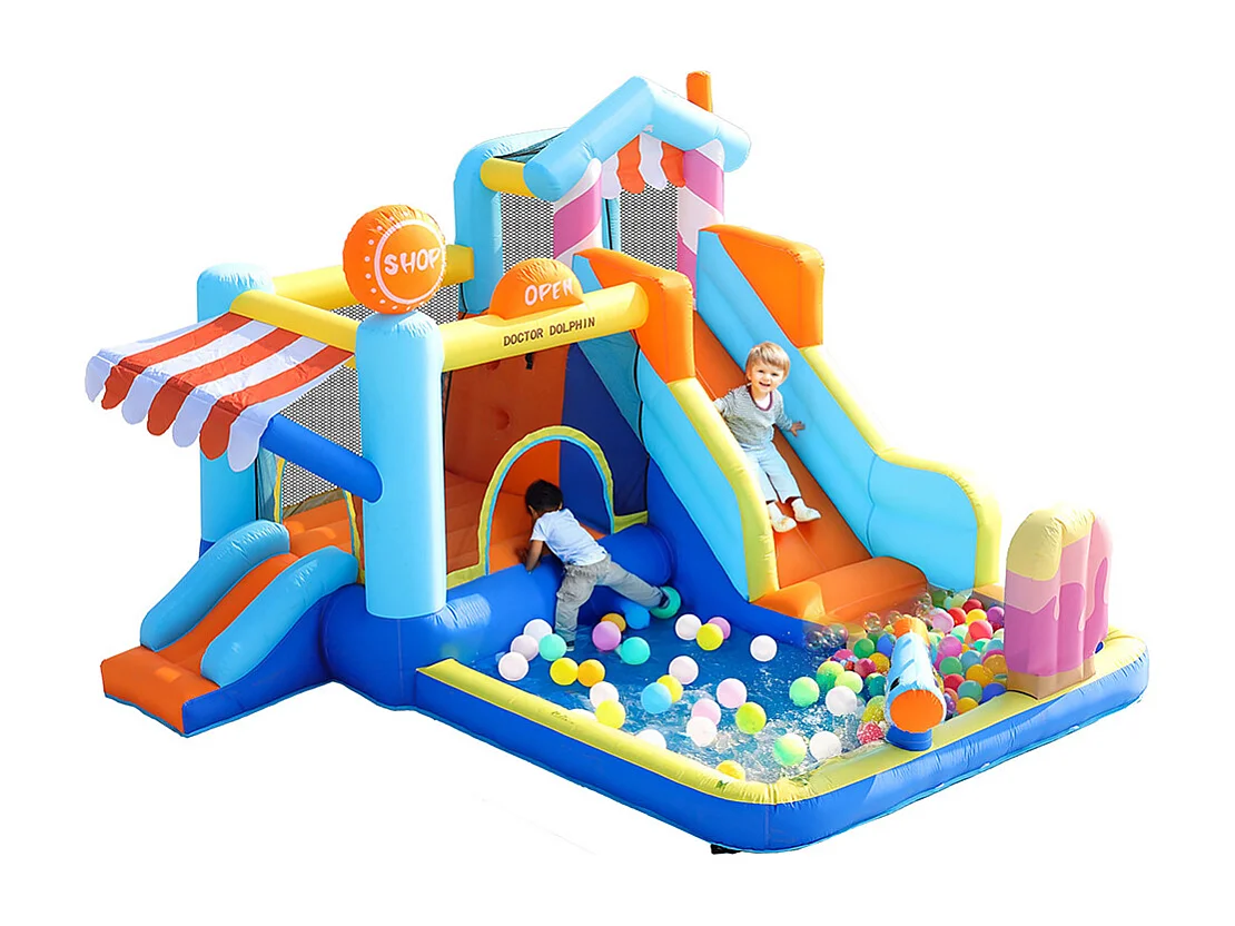 Château gonflable parc aquatique extérieur toboggan trampoline fontaine pistolets eau soufflerie 450W bleu