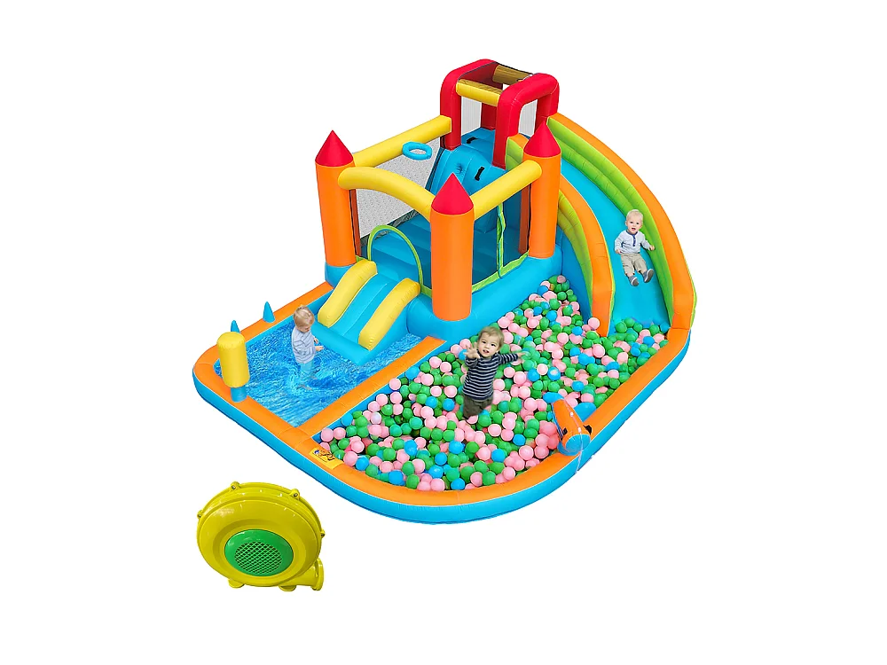 Château gonflable aquatique toboggan trampoline panier basket pistolets eau double piscine usage sec humide orange