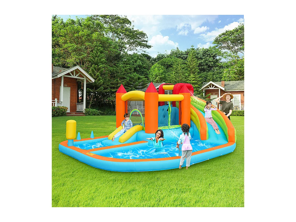 Château gonflable aquatique toboggan trampoline panier basket pistolets eau double piscine usage sec humide orange
