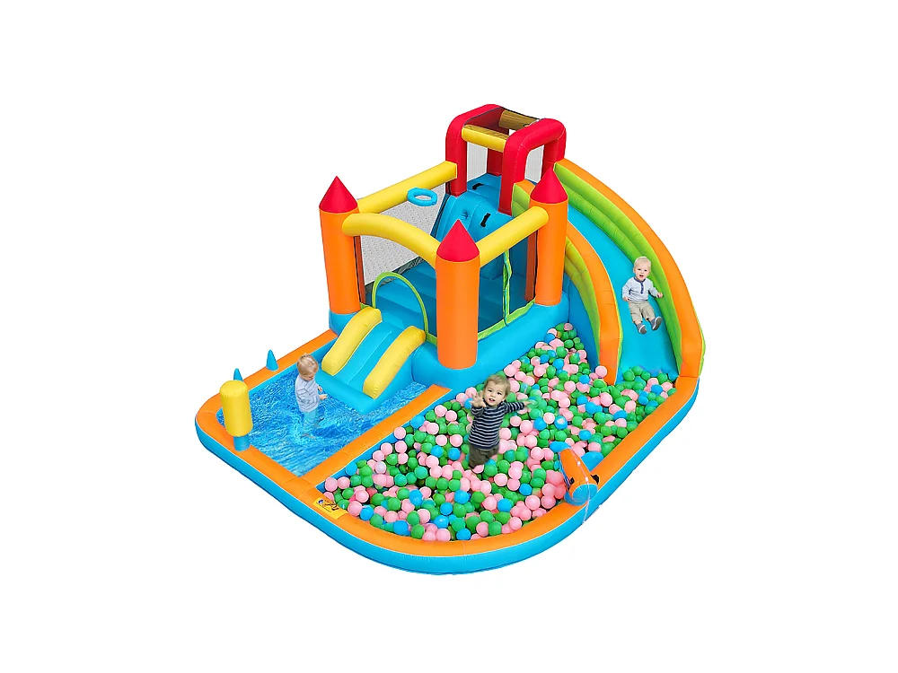 Château gonflable aquatique toboggan trampoline panier basket pistolets eau double piscine usage sec humide orange