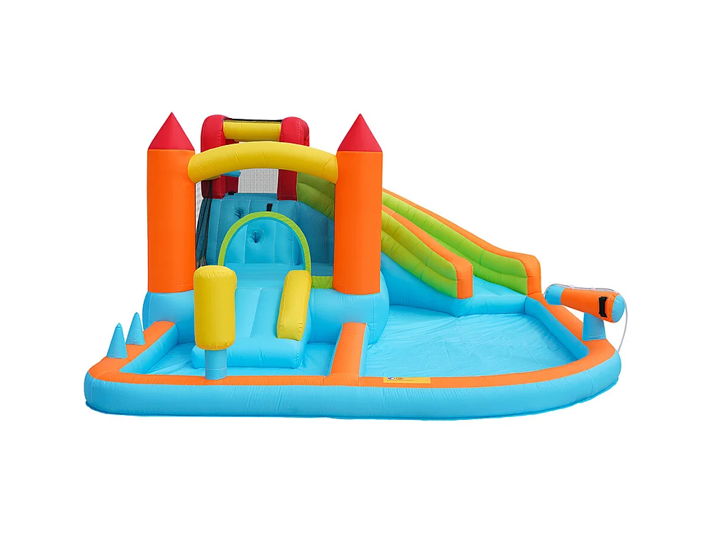 Château gonflable aquatique toboggan trampoline panier basket pistolets eau double piscine usage sec humide orange