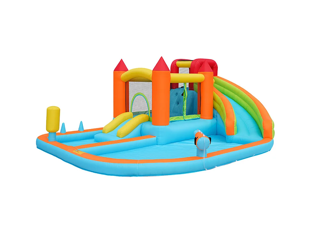 Château gonflable aquatique toboggan trampoline panier basket pistolets eau double piscine usage sec humide orange