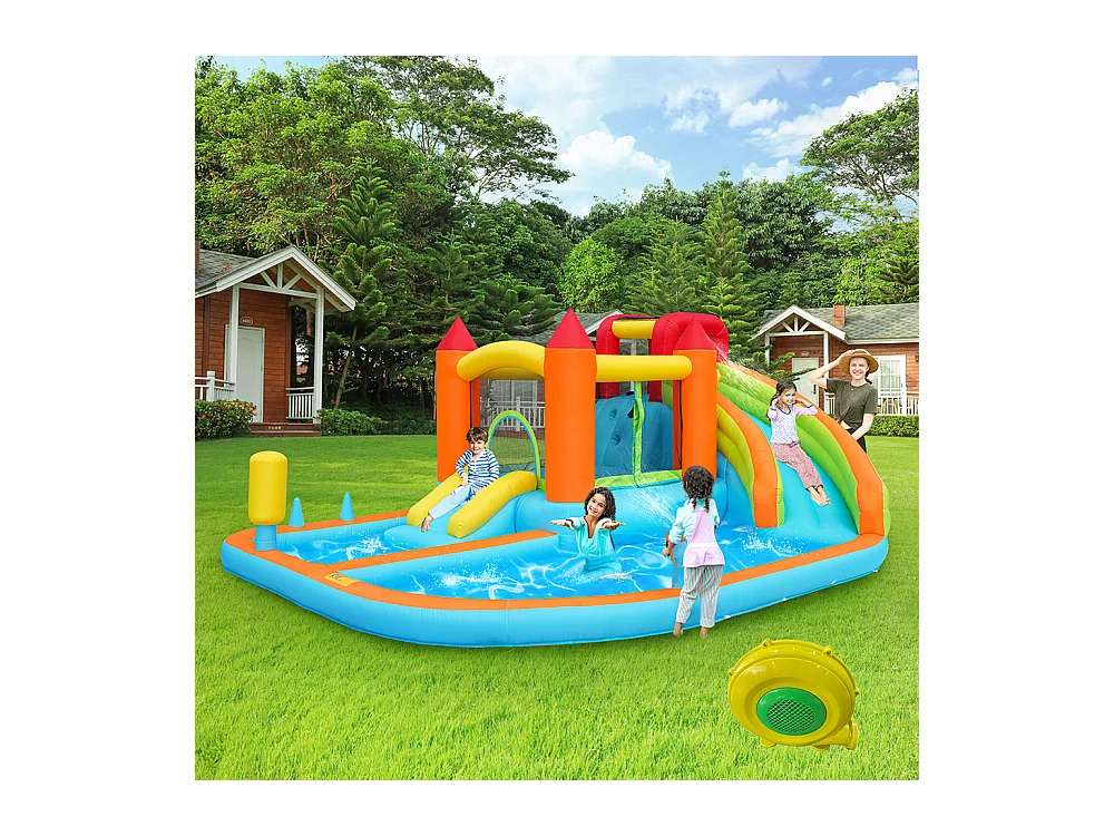 Opblaasbaar waterkasteel met glijbaan trampoline basketbalring waterpistolen dubbel zwembad voor droog en nat gebruik oranje