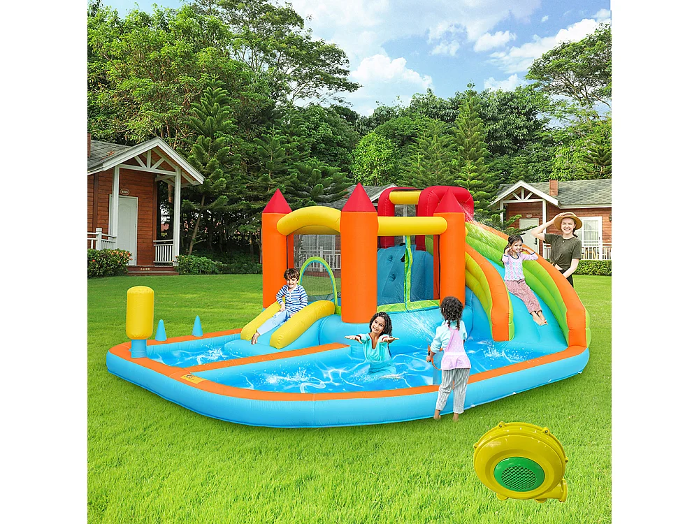 Château gonflable aquatique toboggan trampoline panier basket pistolets eau double piscine usage sec humide orange