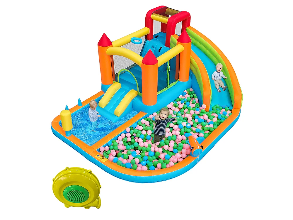 Château gonflable aquatique toboggan trampoline panier basket pistolets eau double piscine usage sec humide orange