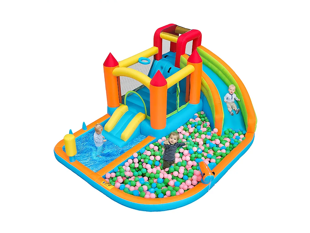 Château gonflable aquatique toboggan trampoline panier basket pistolets eau double piscine usage sec humide orange
