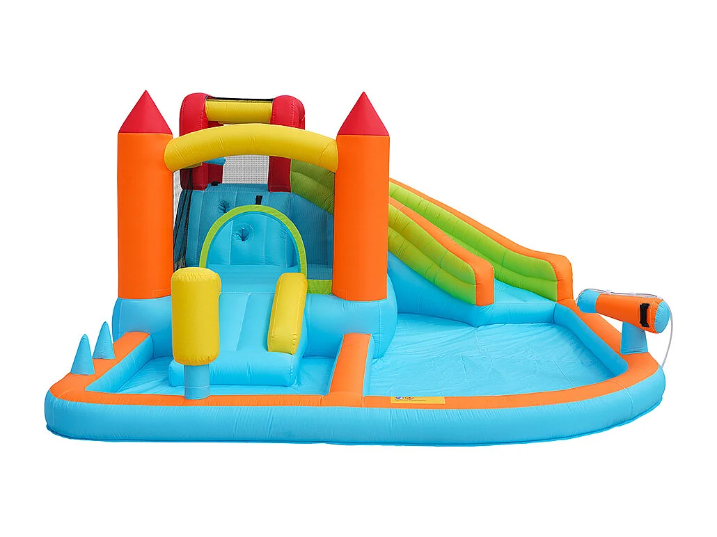 Château gonflable aquatique toboggan trampoline panier basket pistolets eau double piscine usage sec humide orange