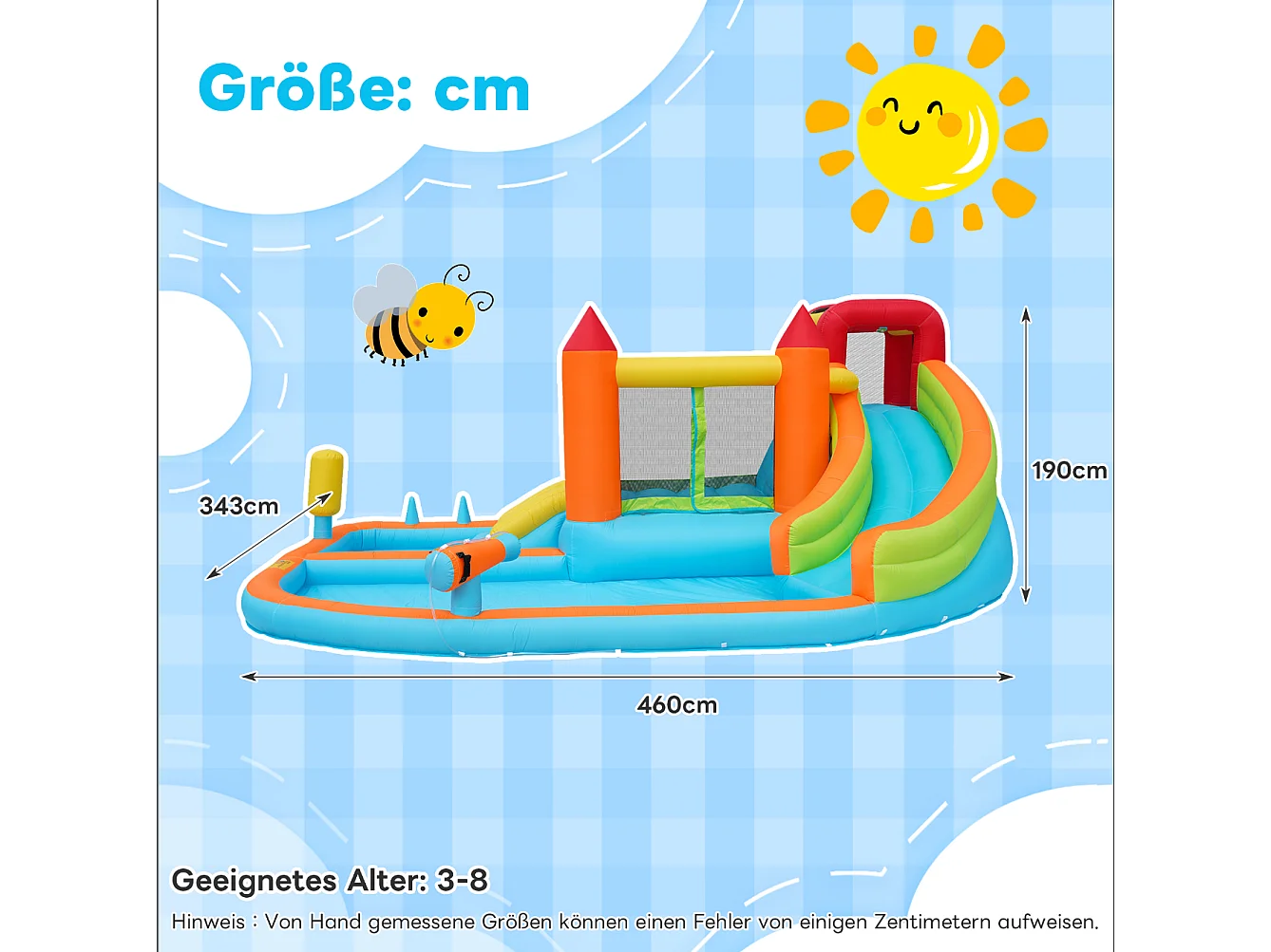 Opblaasbaar waterkasteel met glijbaan trampoline basketbalring waterpistolen dubbel zwembad voor droog en nat gebruik oranje