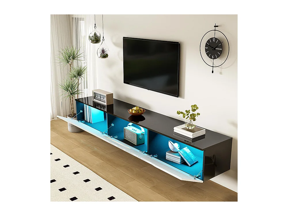 Meuble TV surface brillante longueur 180 cm avec éclairage LED 16 couleurs fixation murale noir et blanc