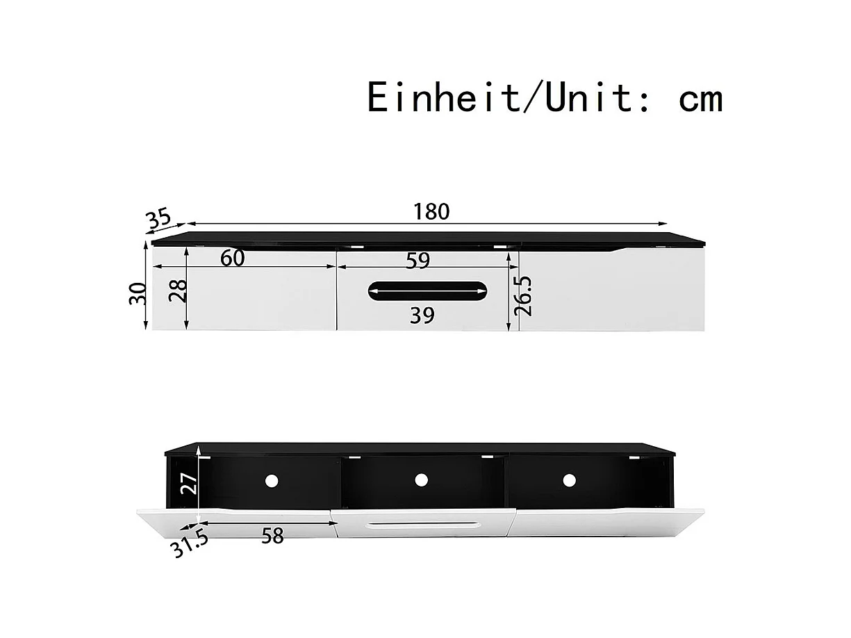 Meuble TV surface brillante longueur 180 cm avec éclairage LED 16 couleurs fixation murale noir et blanc