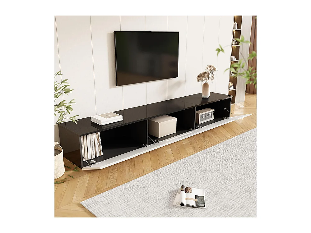 Meuble TV surface brillante longueur 180 cm avec éclairage LED 16 couleurs fixation murale noir et blanc