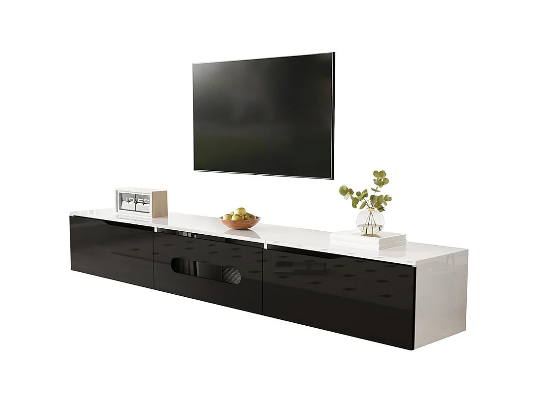 TV-meubel met glanzend oppervlak lengte 180 cm met LED-verlichting in 16 kleuren wandbevestiging zwart en wit