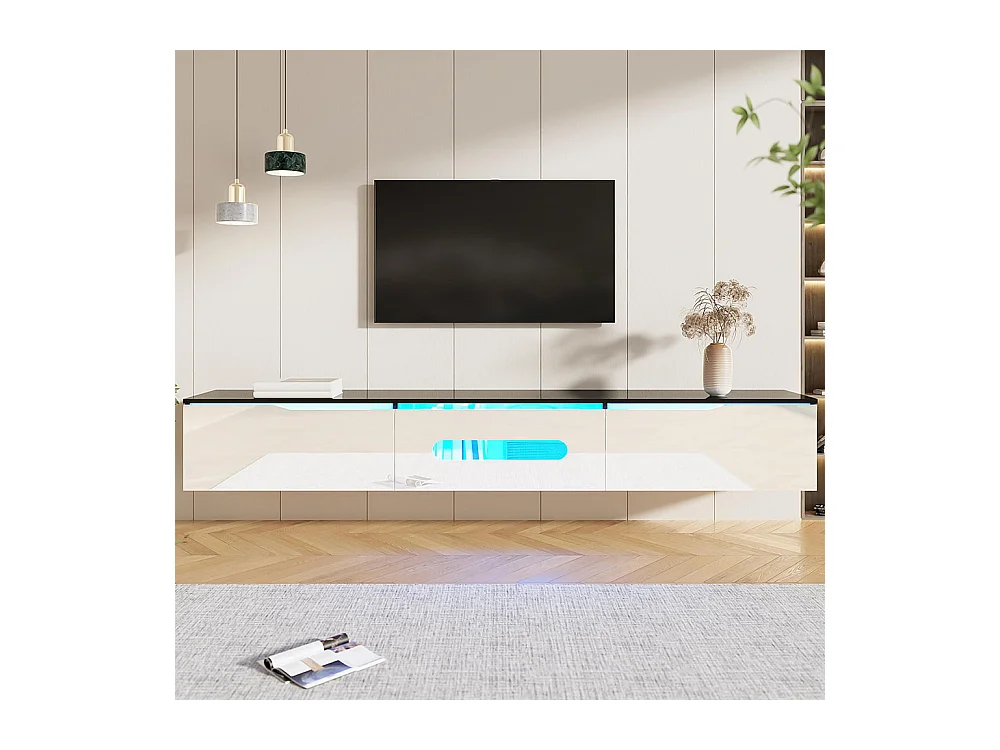TV-meubel met glanzend oppervlak lengte 180 cm met LED-verlichting in 16 kleuren wandbevestiging zwart en wit