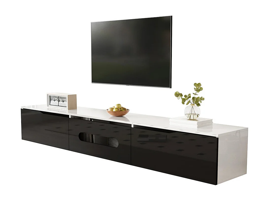 TV-meubel met glanzend oppervlak lengte 180 cm met LED-verlichting in 16 kleuren wandbevestiging zwart en wit