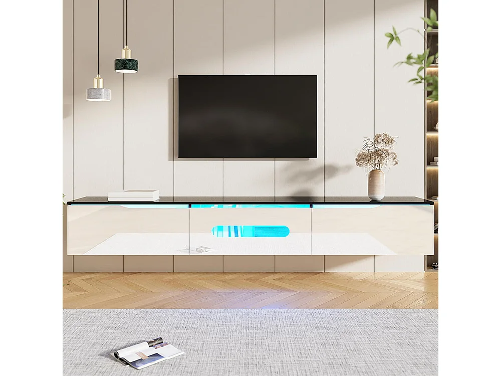TV-meubel met glanzend oppervlak lengte 180 cm met LED-verlichting in 16 kleuren wandbevestiging zwart en wit