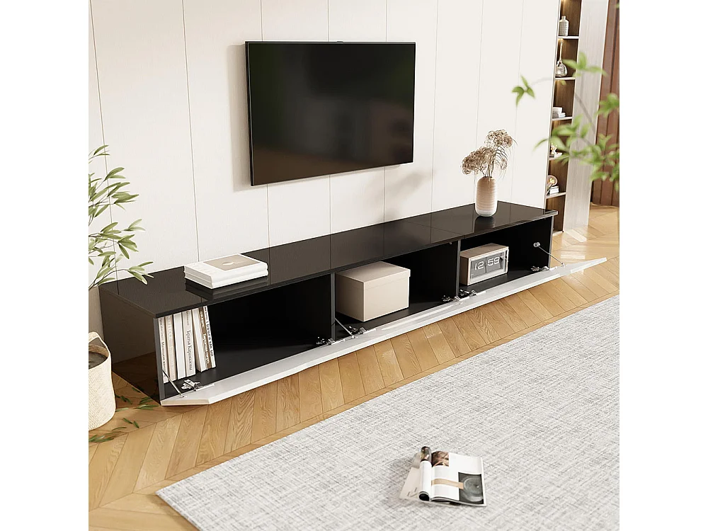 TV-meubel met glanzend oppervlak lengte 180 cm met LED-verlichting in 16 kleuren wandbevestiging zwart en wit