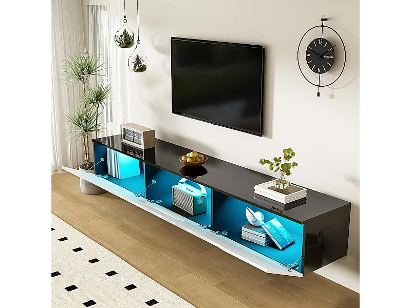 Meuble TV surface brillante longueur 180 cm avec éclairage LED 16 couleurs fixation murale noir et blanc