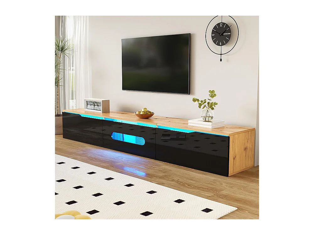 Meuble TV surface brillante longueur 180 cm avec éclairage LED 16 couleurs fixation murale bois et noir