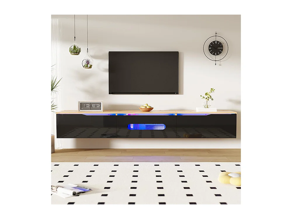 Meuble TV surface brillante longueur 180 cm avec éclairage LED 16 couleurs fixation murale bois et noir