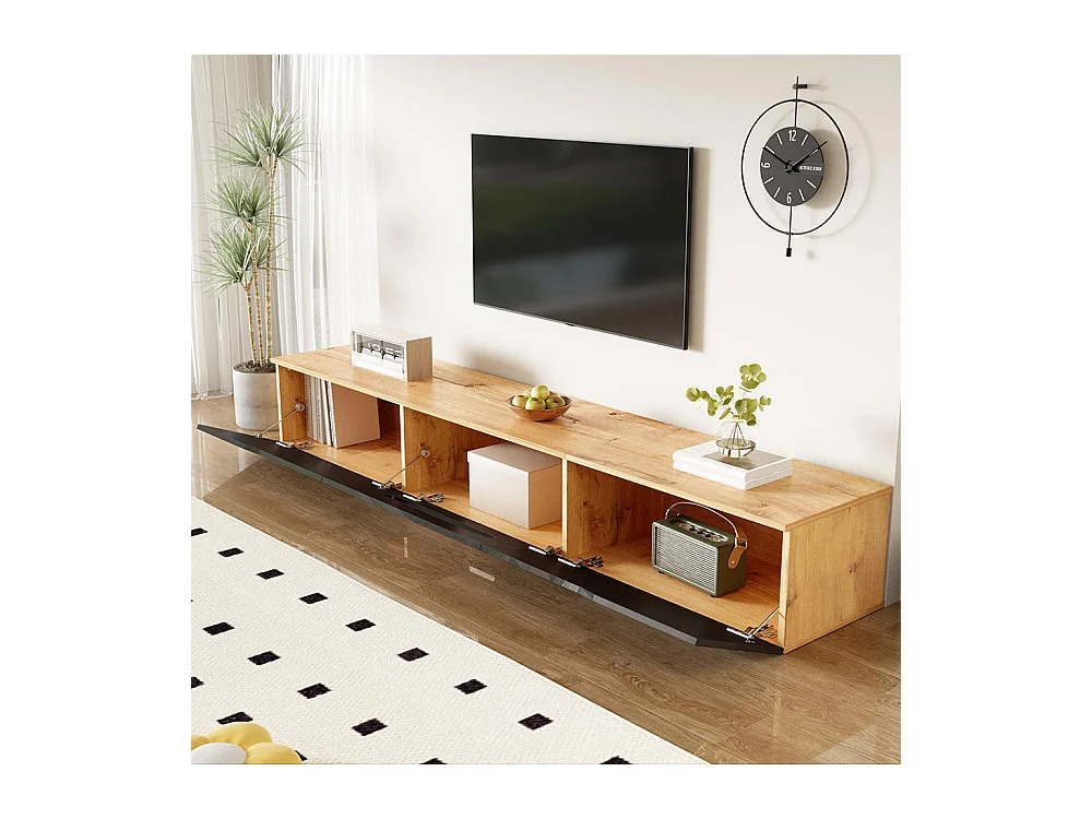 Meuble TV surface brillante longueur 180 cm avec éclairage LED 16 couleurs fixation murale bois et noir