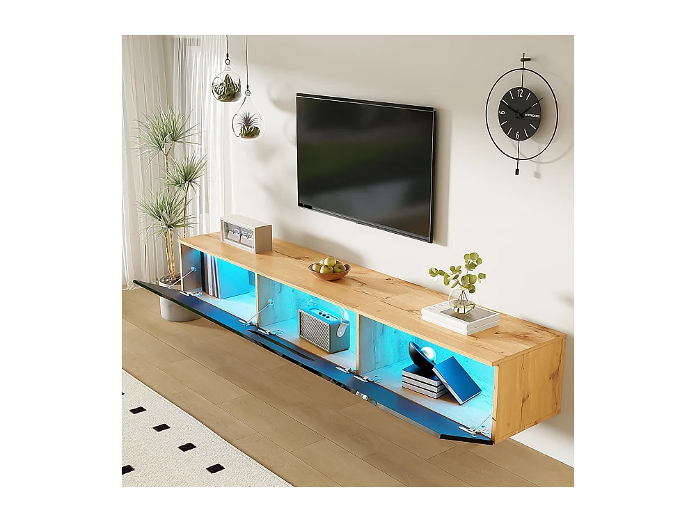 Meuble TV surface brillante longueur 180 cm avec éclairage LED 16 couleurs fixation murale bois et noir