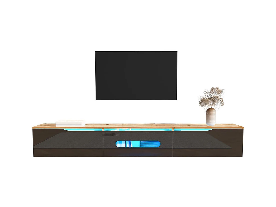 TV-meubel met glanzend oppervlak lengte 180 cm met LED-verlichting in 16 kleuren wandbevestiging hout en zwart
