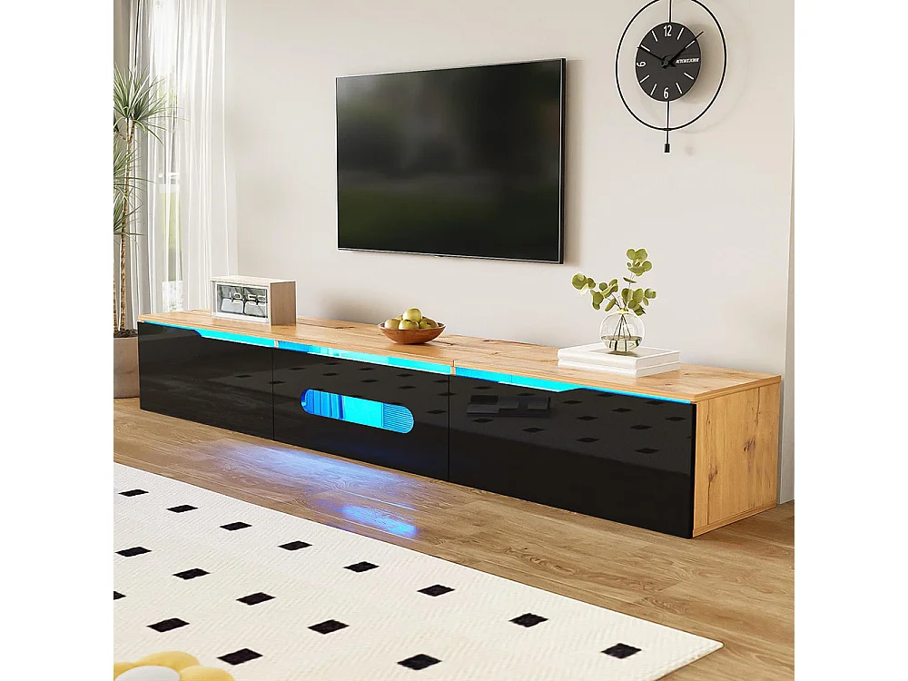 TV-meubel met glanzend oppervlak lengte 180 cm met LED-verlichting in 16 kleuren wandbevestiging hout en zwart