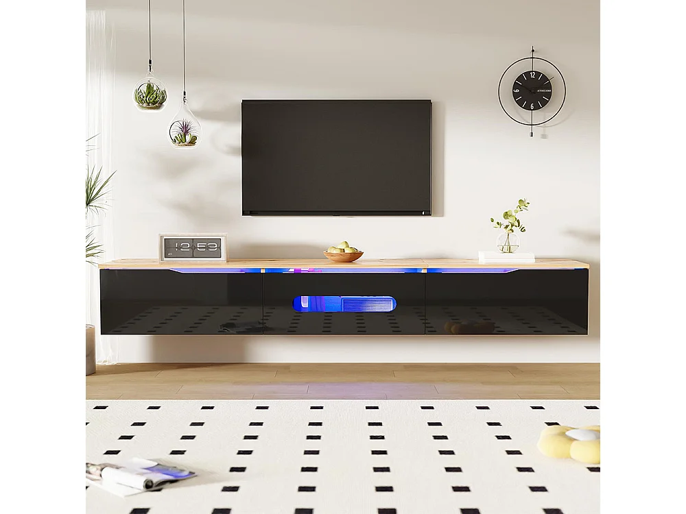 TV-meubel met glanzend oppervlak lengte 180 cm met LED-verlichting in 16 kleuren wandbevestiging hout en zwart