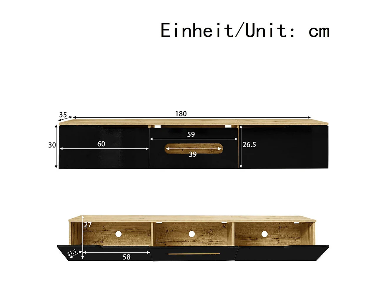 TV-meubel met glanzend oppervlak lengte 180 cm met LED-verlichting in 16 kleuren wandbevestiging hout en zwart