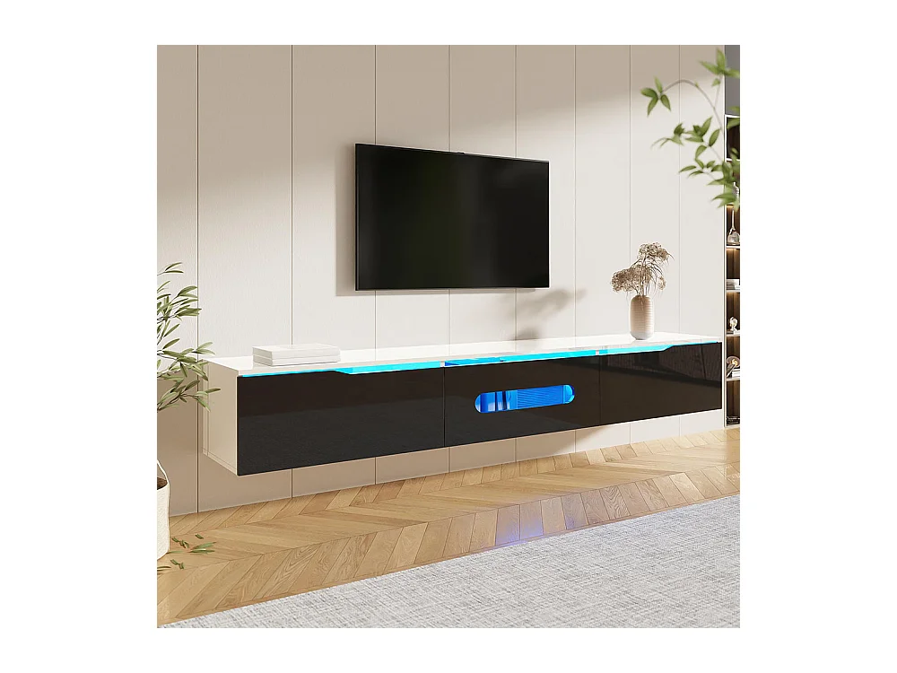 Meuble TV surface brillante longueur 180 cm avec éclairage LED 16 couleurs fixation murale blanc et noir